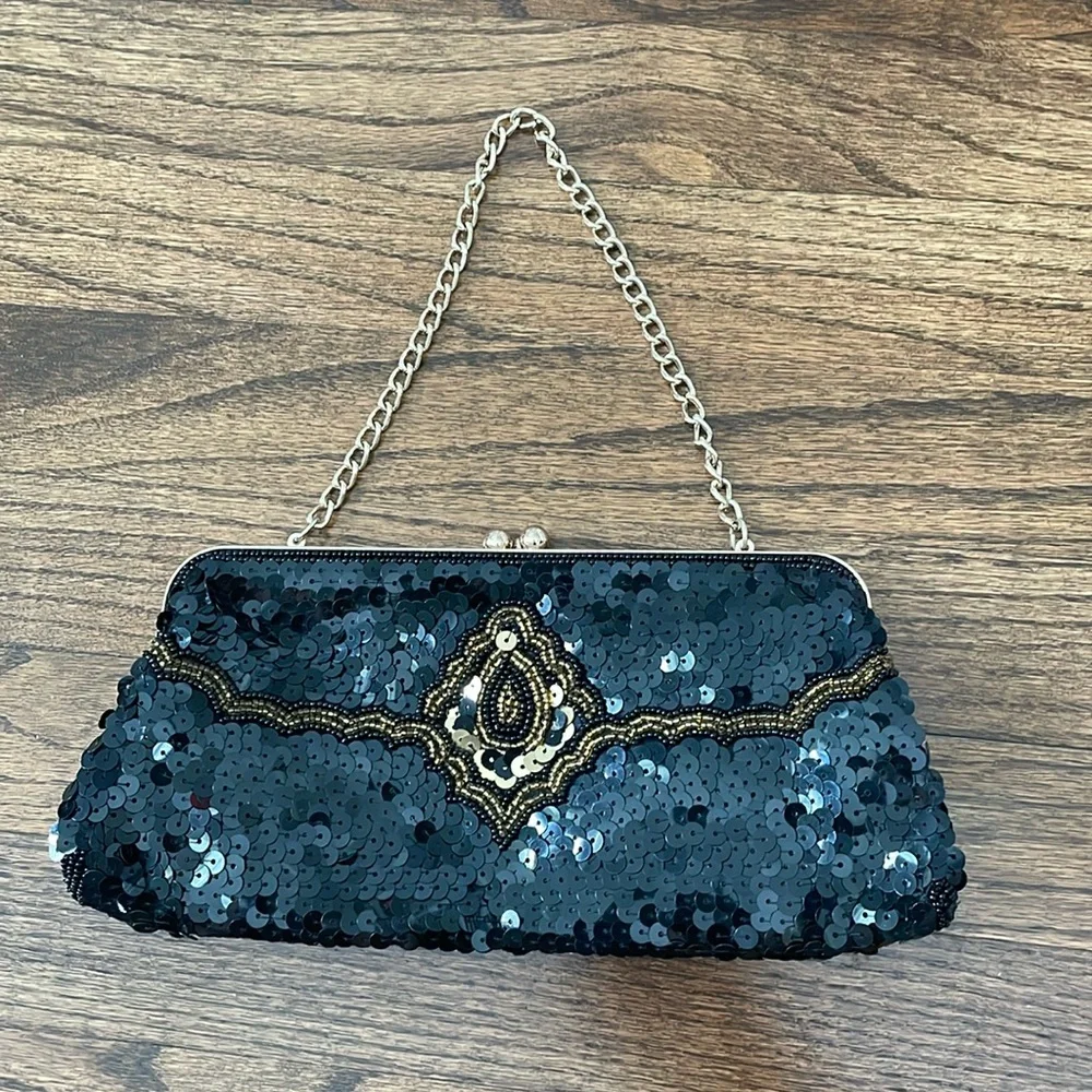 The Limited Black Sequin and Gold Beaded Clutch Handbag